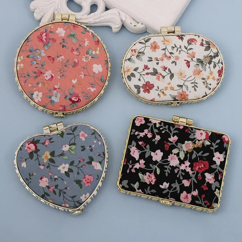 Vintage Floral Compact Pocket Mirror – Two-Sided Folding