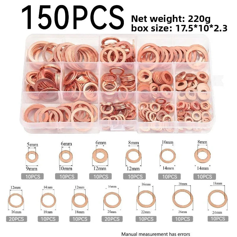 Copper Washer Gasket Kit 50–120 Pcs | M4–M14 Flat Ring Seals