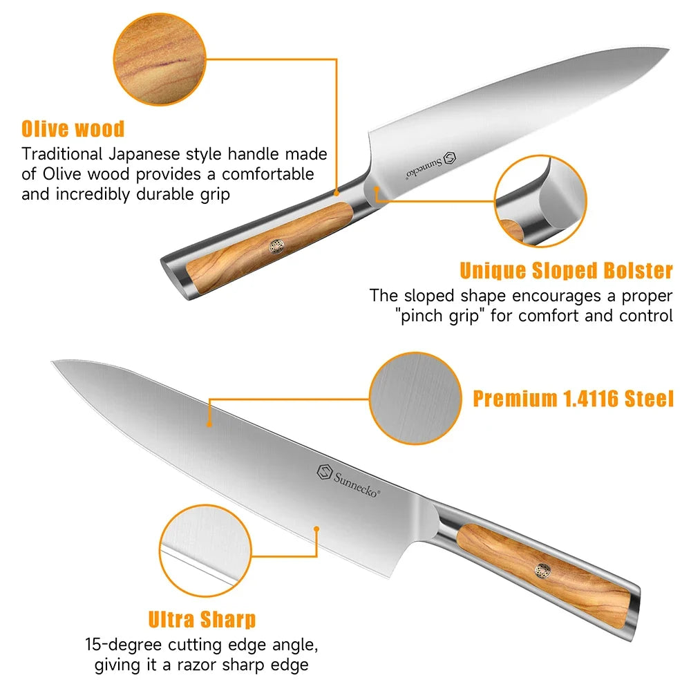 Sunnecko Japanese Chef Knife – 1.4116 Steel & Olive Wood Handle