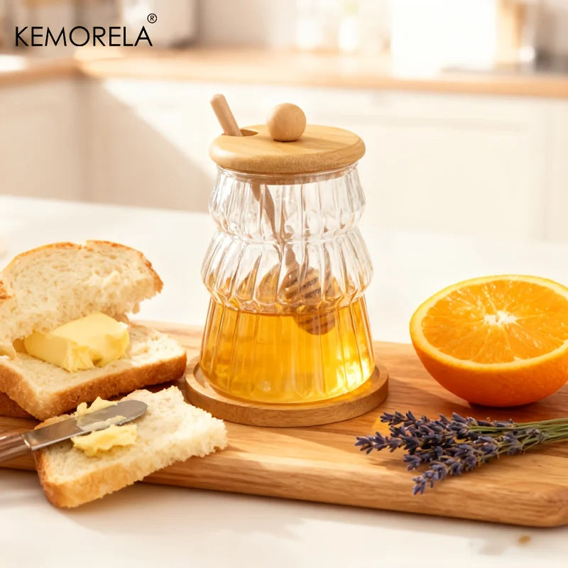 KEMORELA Glass Honey Jar Set with Wooden Stir Stick & Lid