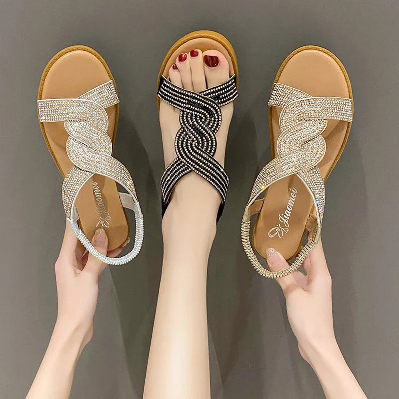 Women's Flat Sandals – Diamond Slip-On Round Toe, Sizes 35–42
