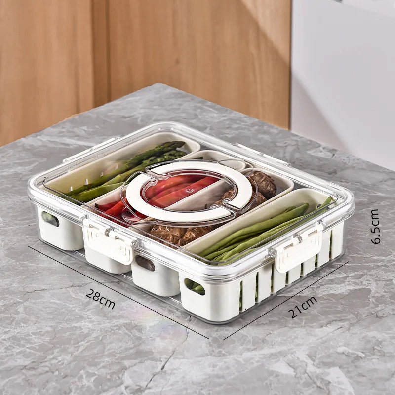 Divided Rotating Serving Tray Lid Handle Portable Snackle Box Fruits