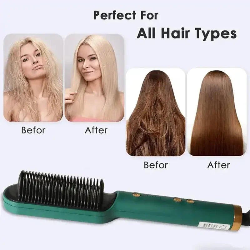 2-in-1 Ceramic Hair Straightener Brush | Negative Ion Hot Comb