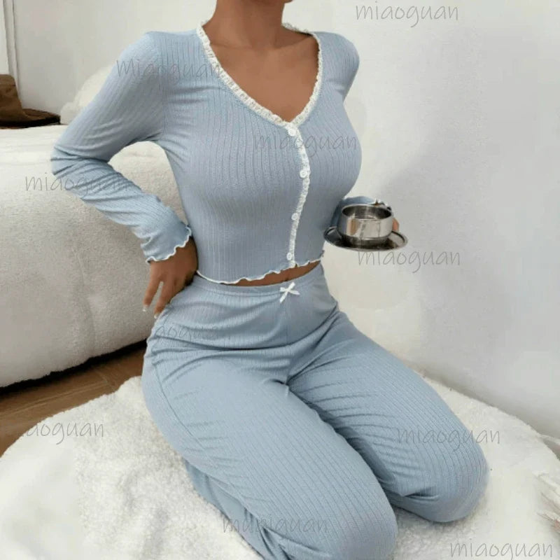 Women's Lace Trim Pajama Set – Long Sleeve Top & Trousers