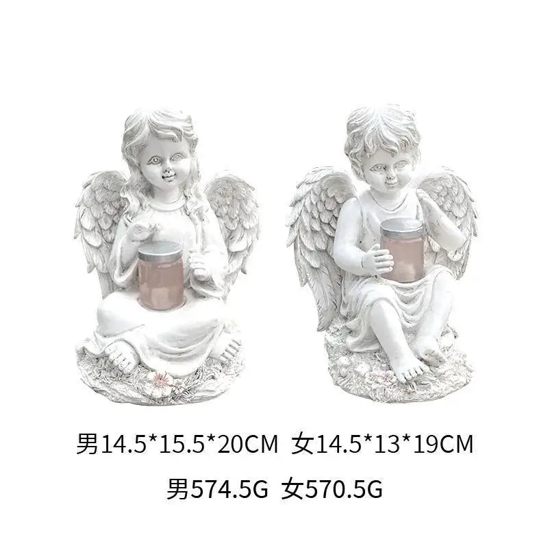 European Angel Statue Solar Garden Décor – Boy & Girl Resin