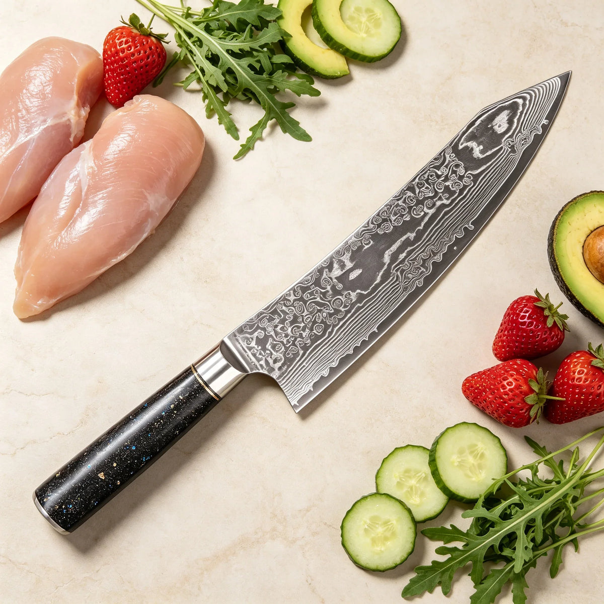 67-Layer Damascus Steel Kiritsuke Chef Knife – Sharp Kitchen Blade
