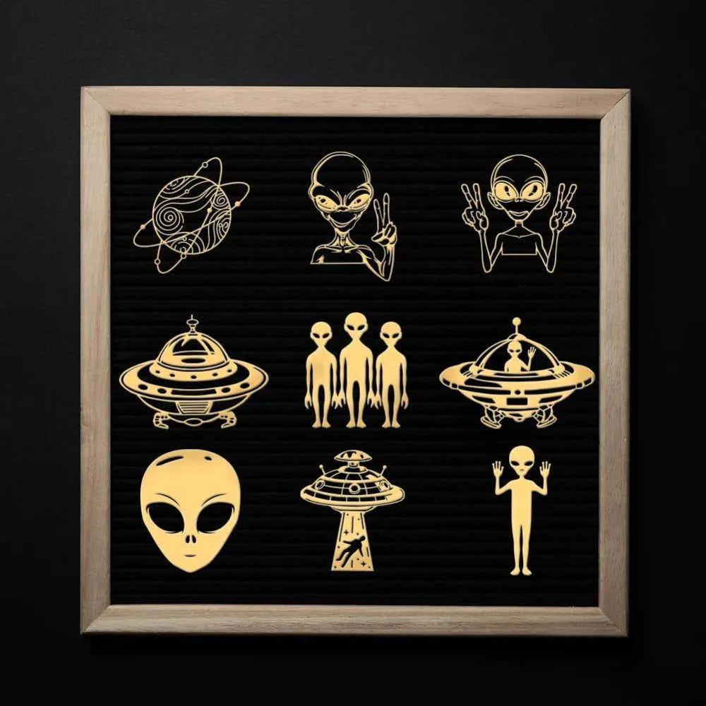 9-Piece Golden Metal Alien Stickers – Space UFO Epoxy DIY