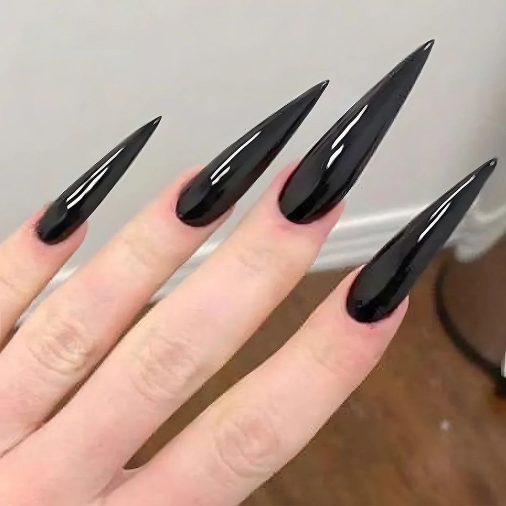 Cool Punk Pointed Tips Fake Nails Classic Solid Gothic Halloween Long