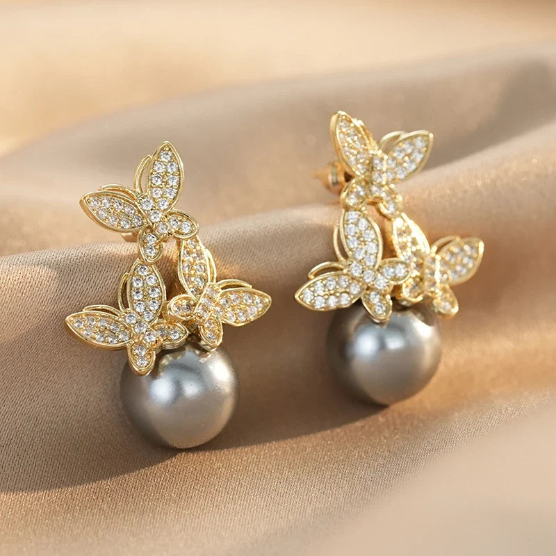 Huitan Butterfly Drop Earrings – CZ & Pearl Wedding Jewelry
