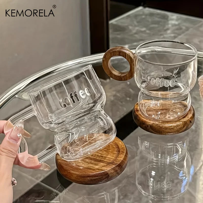 Transparent Glass Coffee Mug with Wooden Handle & Coaster
