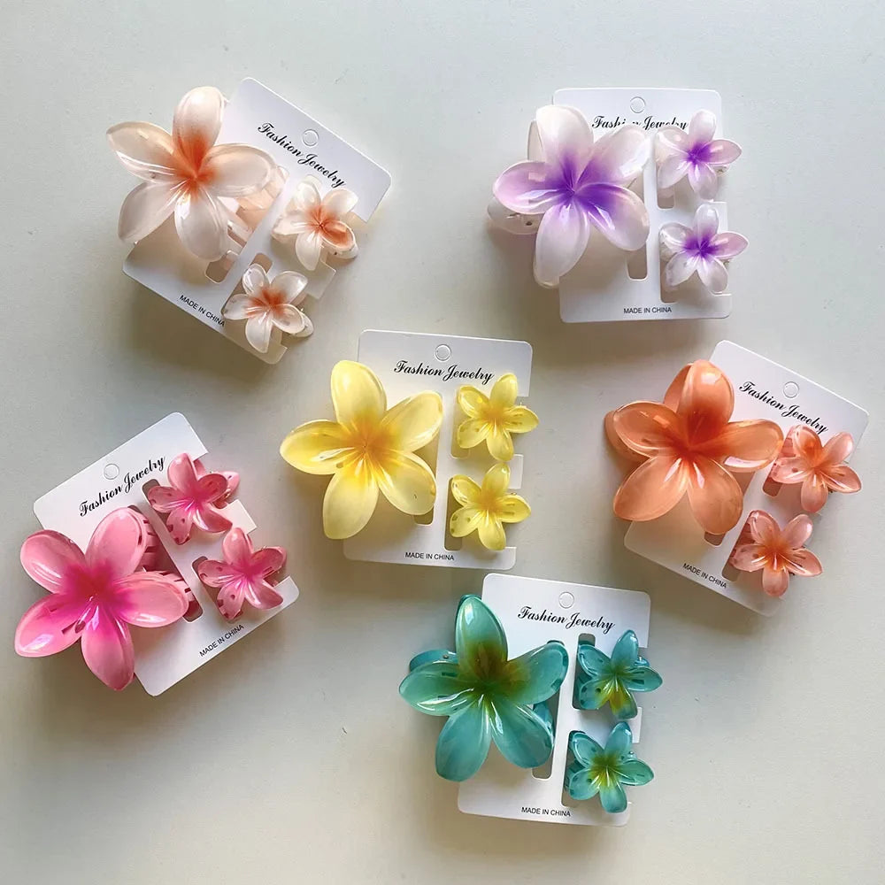 3-Pack Hawaiian Plumeria Flower Hair Claw Clips | Gradient Set