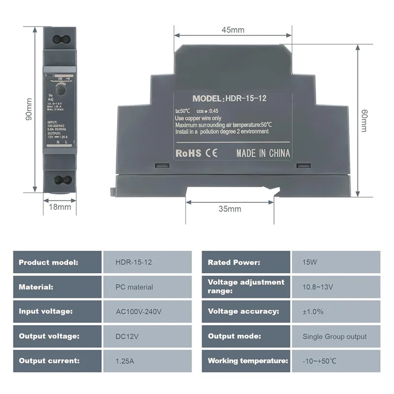 Y51A-HDR 15W Ultrathin Switching Power Supply 12V DIN Rail Mounting