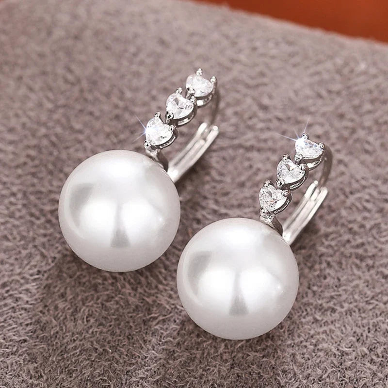 Huitan Bridal Pearl Drop Earrings – Heart CZ Silver Tone