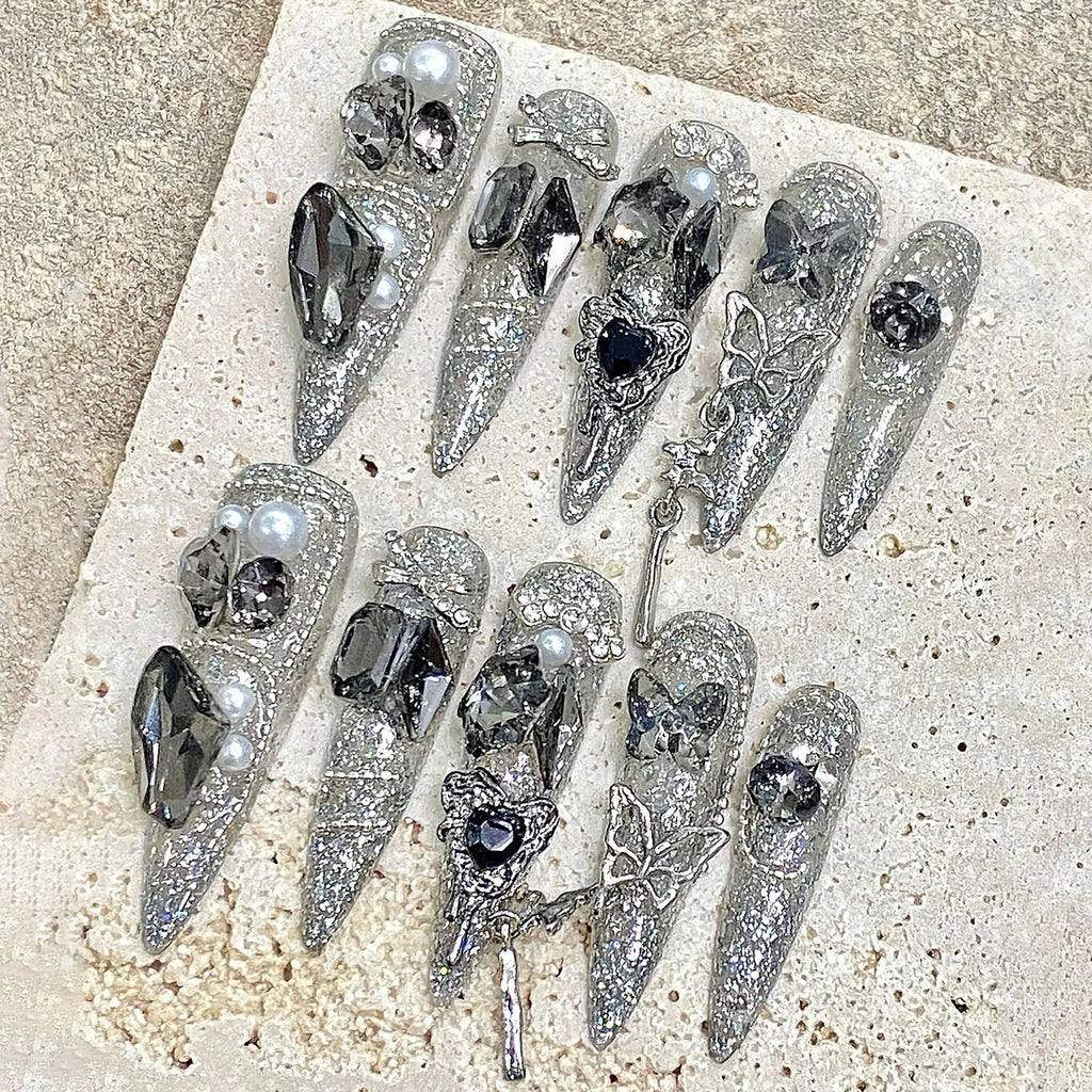 Rhinestone Glitter Press-On Nails – Long Pointed Bridal Set