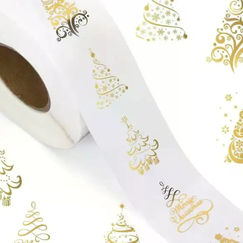 Golden Foil Christmas Stickers Transparent Xmas Tree Sealing Labels