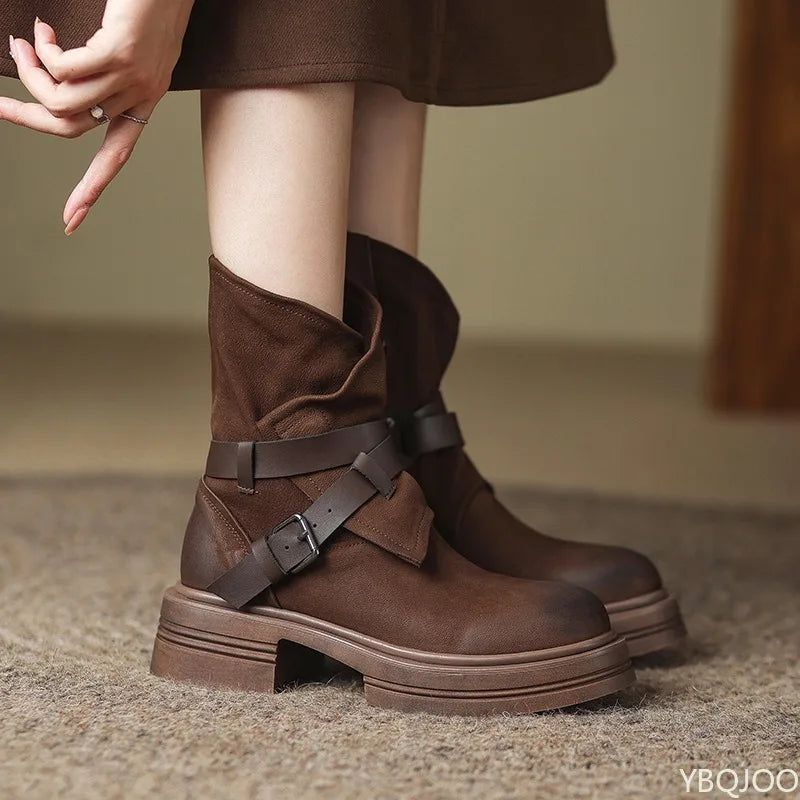 Women's Retro Ankle Boots – Thick Sole Square Heel Buckle Brown