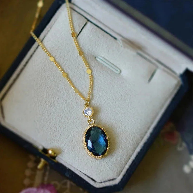 Huitan Oval Blue Stone Pendant Necklace | Bridal Jewelry