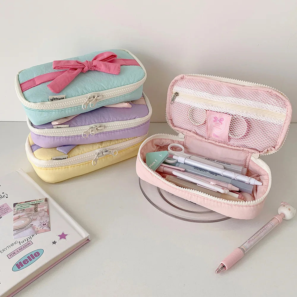 Bow Pencil Case – Cute Soft Fabric Student Stationery Bag