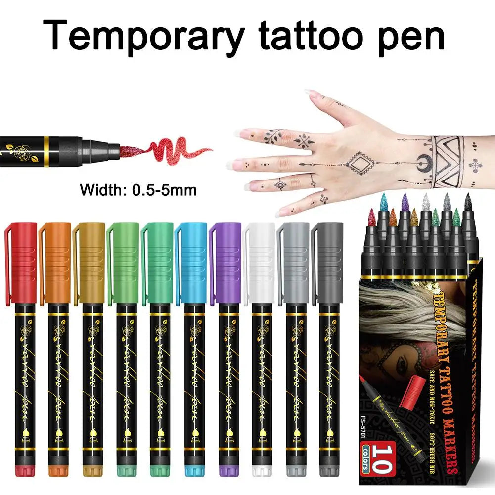 10 Dual-End Temporary Tattoo Markers – Body & Face Paint Pens