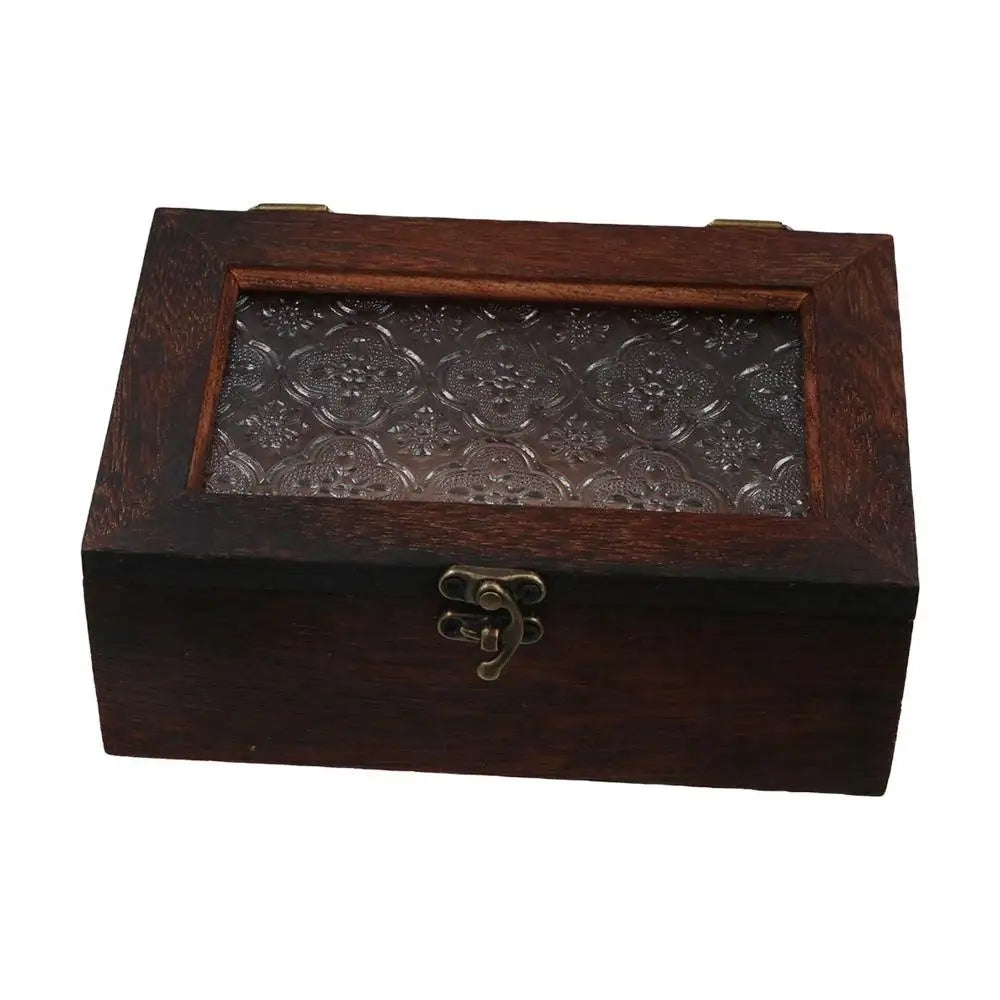 Vintage Wooden Jewelry Box with Floral Glass Lid | Trinket Storage