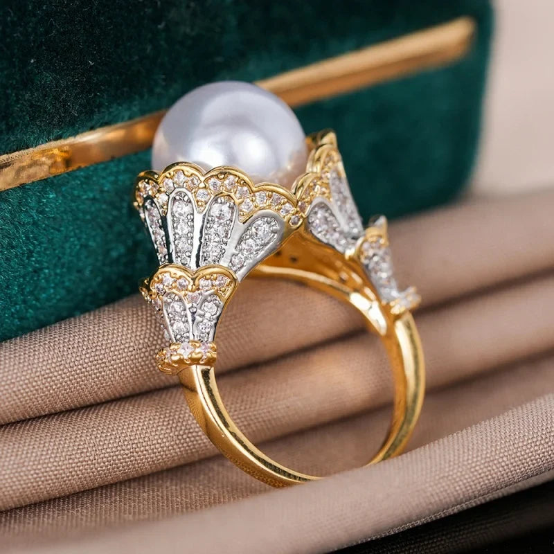 Huitan Pearl & CZ Pave Engagement Ring for Women | Sizes 5–14