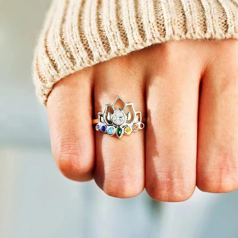 Huitan Lotus Flower Ring – Colorful CZ Statement Ring for Women