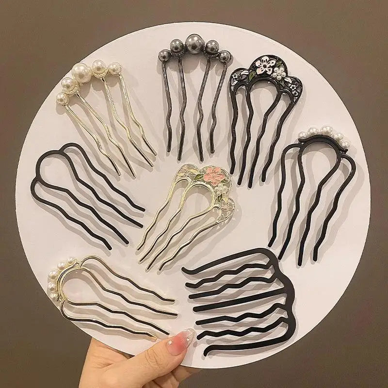 Metal U-Shaped Hair Fork Comb with Pearl Tassel Hair Stick