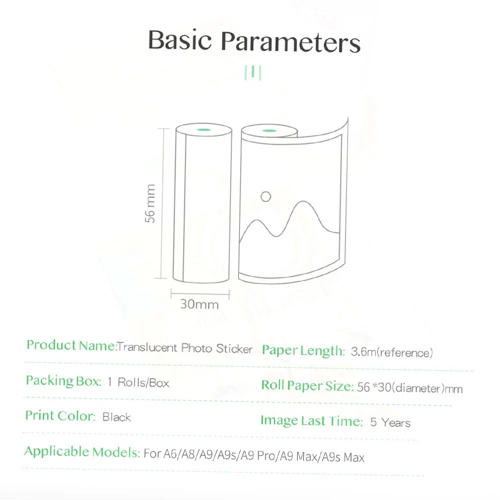 PeriPage BPA-Free Translucent Thermal Sticker Paper Roll 56×30mm
