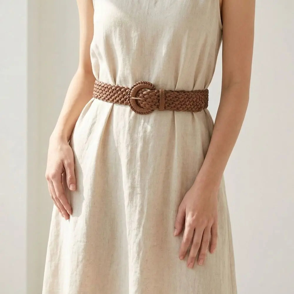 Bohemian Woven Wide Belt – Retro PU Leather Waistband for Women