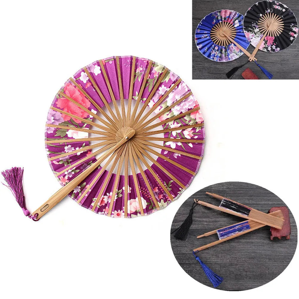 Japanese Sakura Flower Pocket Folding Hand Fan Round Circle Party