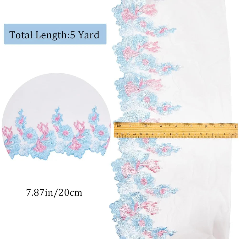 Floral Embroidered Lace Organza Trim – 5 Yards Sky Blue