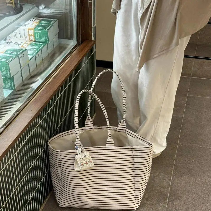 Large Canvas Tote Bag – Striped Plaid Shoulder Bag for Women