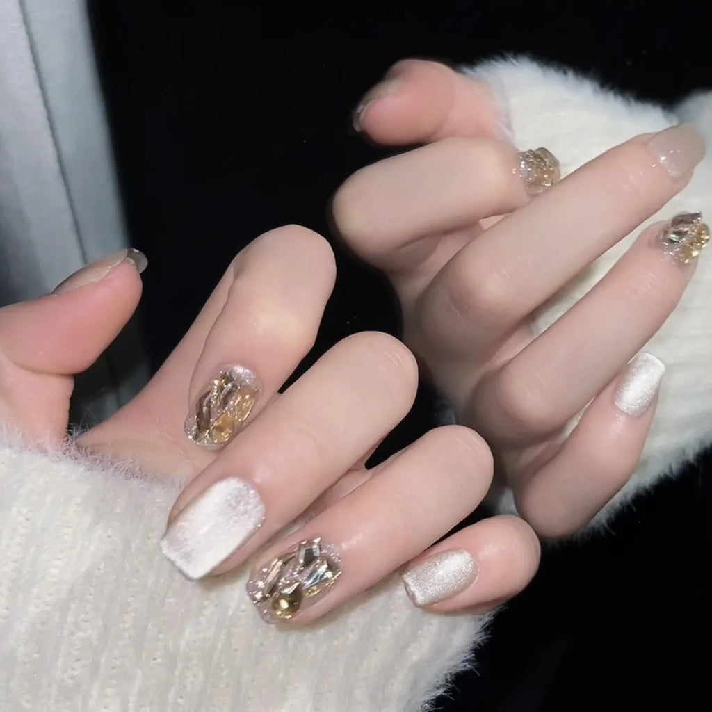 Korean Cat Eye Press-On Nails | Champagne Crystal Short Set