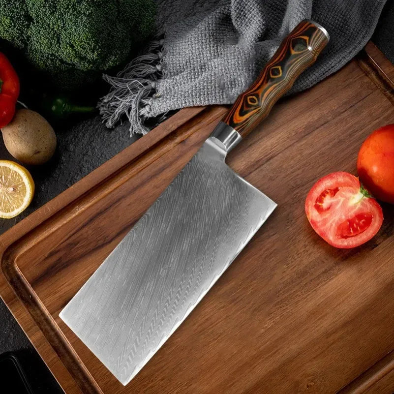 InLeung Damascus Steel Cleaver Knife – Wood Handle | 18cm
