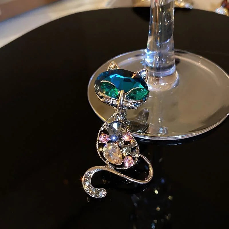 Opal Cat Eye Stone Brooch – Crystal Kitten Pin for Women