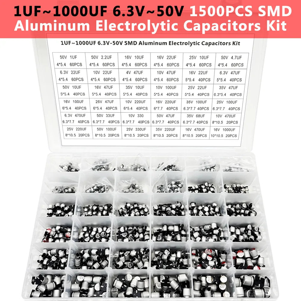 1500PCS SMD Electrolytic Capacitor Kit – 36 Values 1µF–1000µF