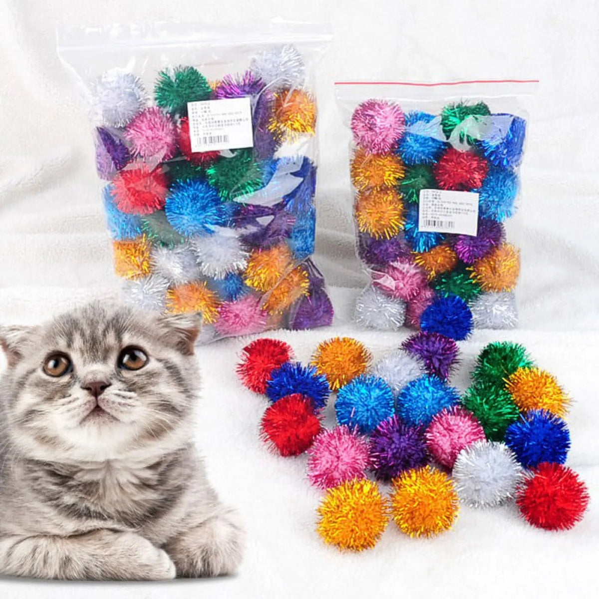 Glitter Pompom Plush Balls – Cat Toys & Craft Decor 20 Pack