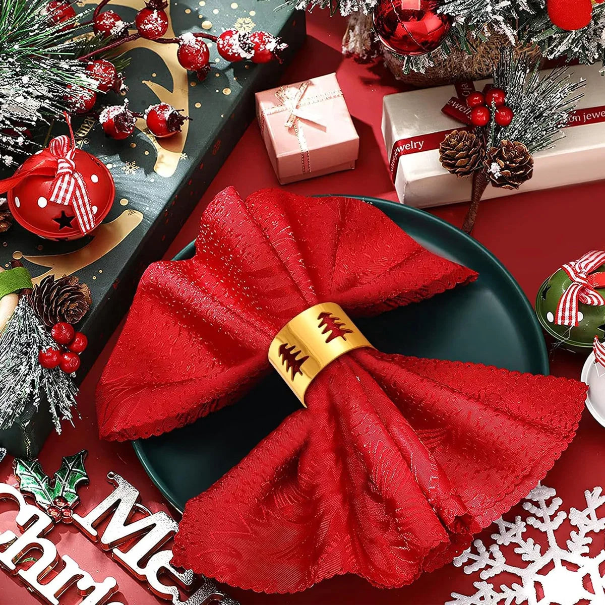 Christmas Napkin Rings Set of 6 – Gold Metal Tree Table Decor