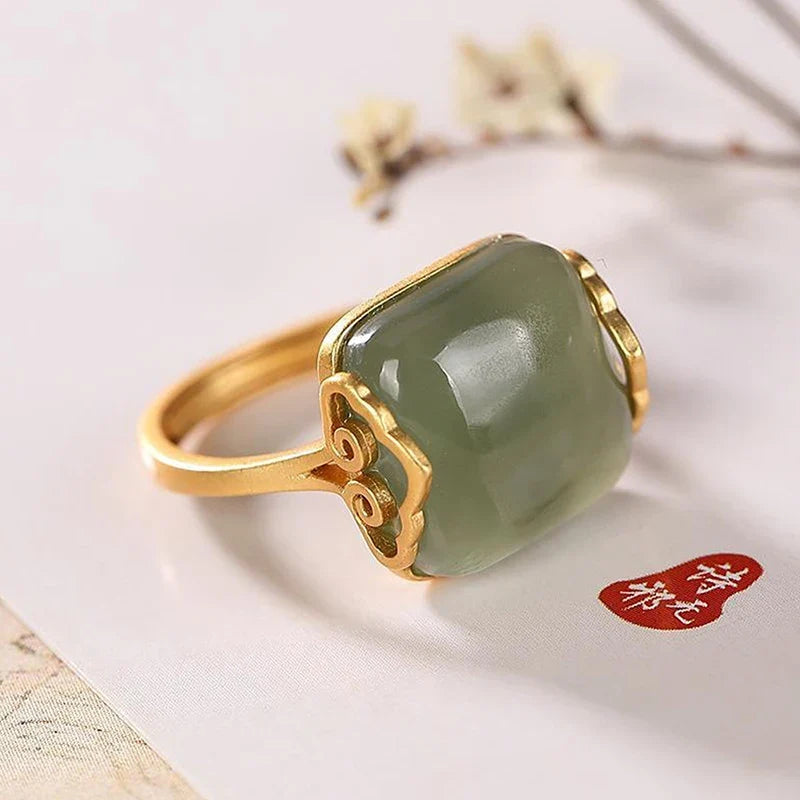 Vintage Auspicious Clouds Imitation Jade Adjustable Ring Women