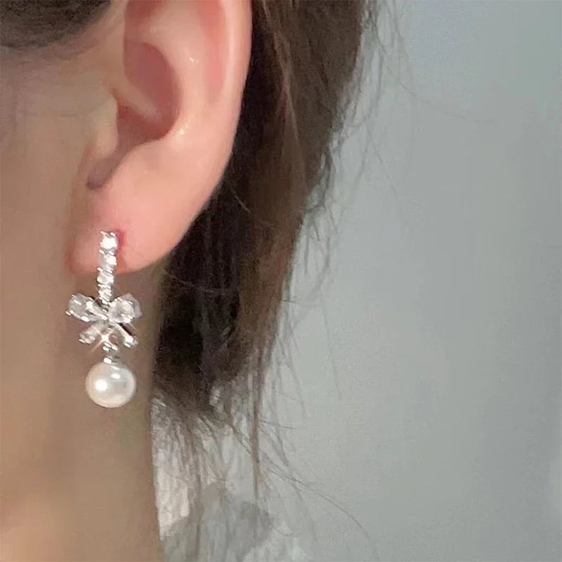 Bow Pearl Dangle Stud Earrings – Sweet Fashion Jewelry Women