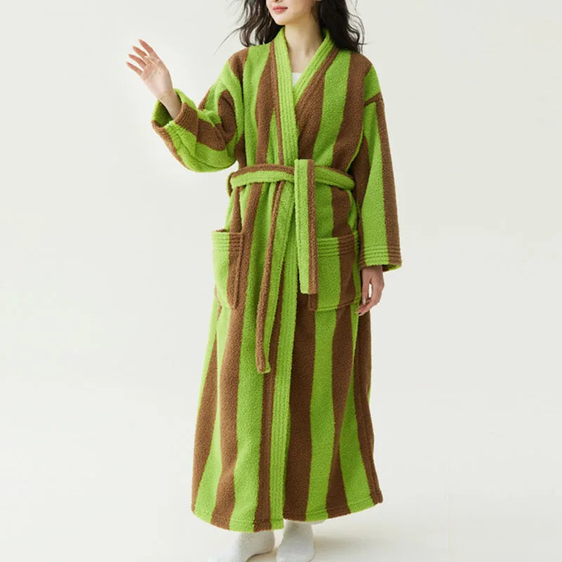 Women's Striped Velvet Bathrobe – Thick Flannel Lace-Up Robe