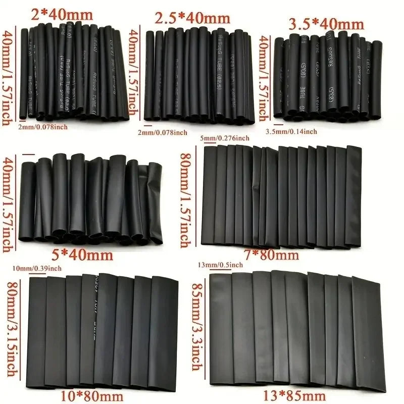 127-Piece Black Heat Shrink Tubing Set | 7 Sizes Polyolefin