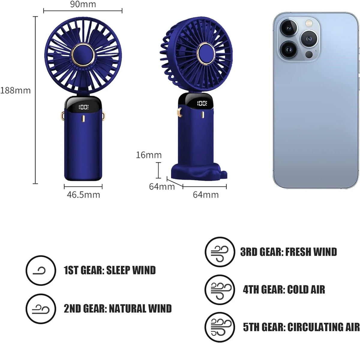 N15 Foldable USB Rechargeable Mini Fan with LED Display & Base