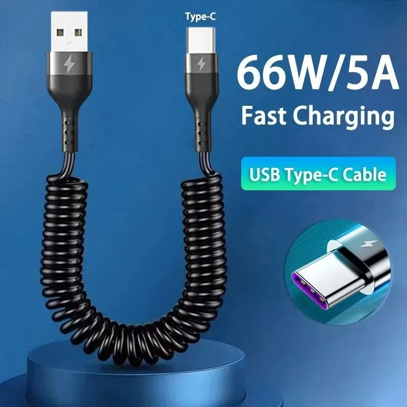 66W 5A Retractable USB-C Fast Charging Spring Car Cable