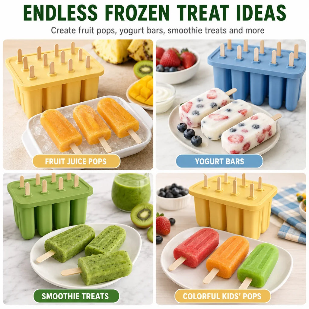 10-Cavity BPA Free Silicone Popsicle Mold with 50 Wooden Sticks
