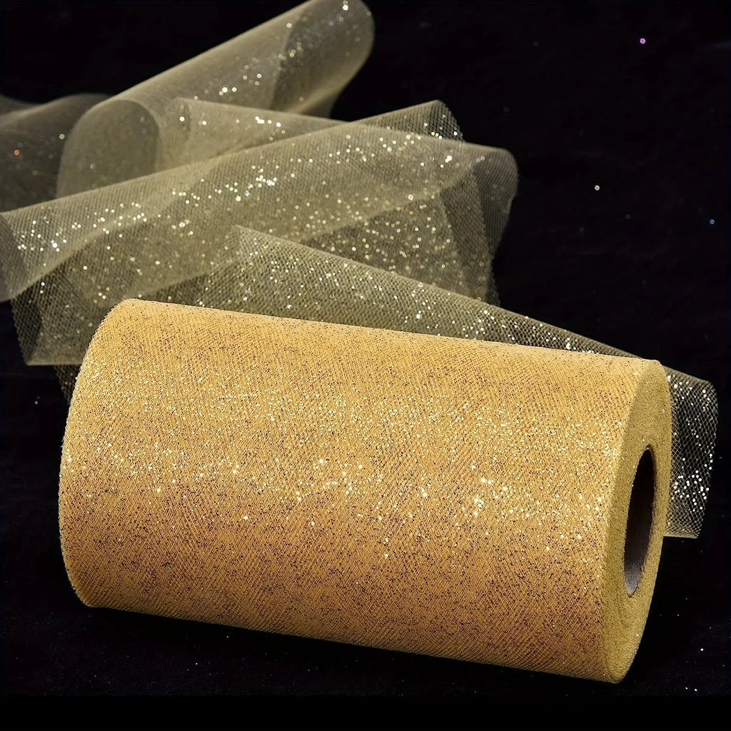Gold Glitter Tulle Roll – 6" x 25 Yds Shimmer Mesh Ribbon
