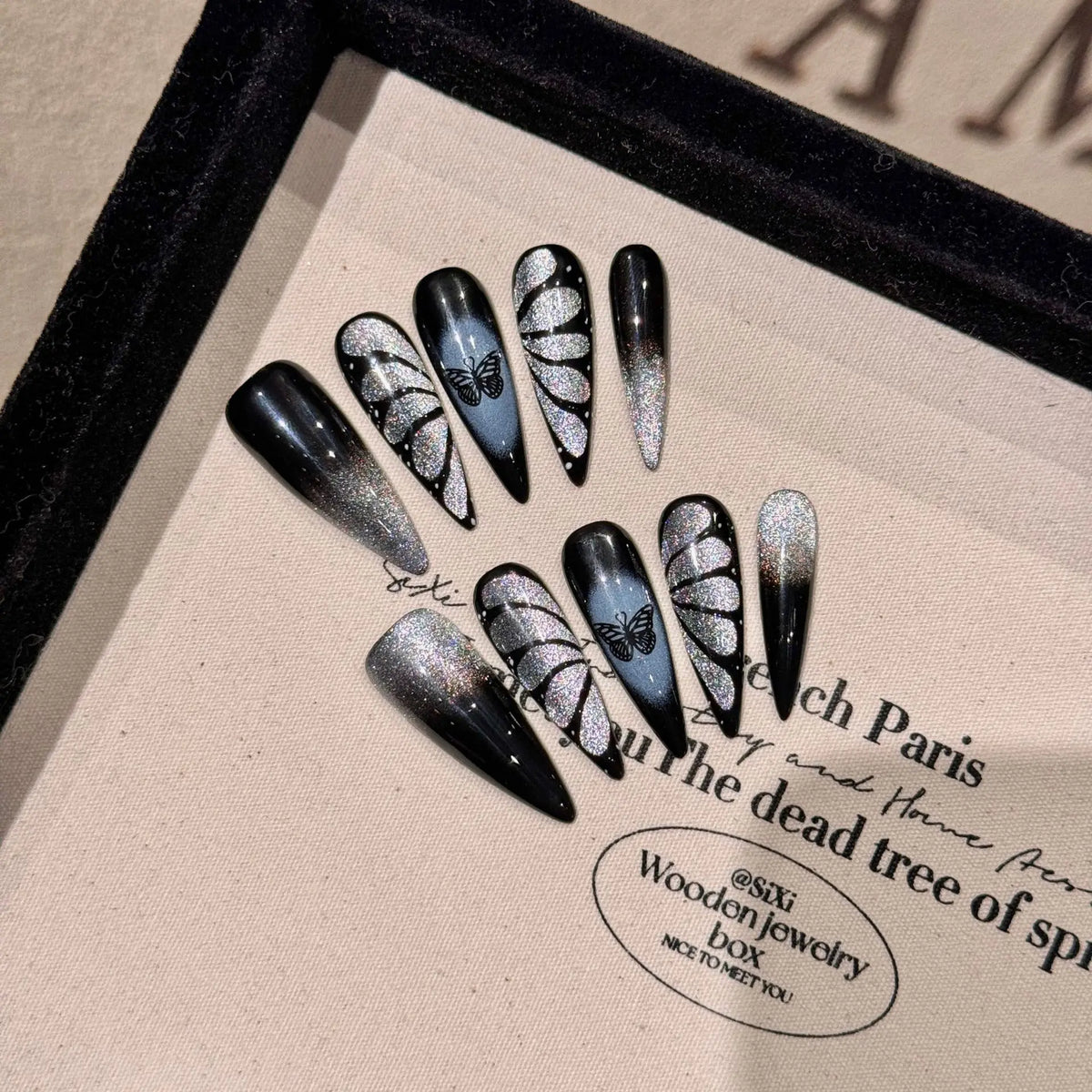 Y2K Press On Nails – Black Cat Eye Butterfly Long Coffin Tips