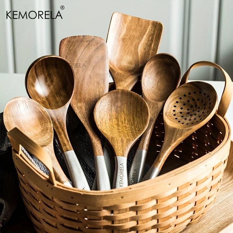KEMORELA 9-Piece Acacia Wood Cooking Utensils Set with Holder
