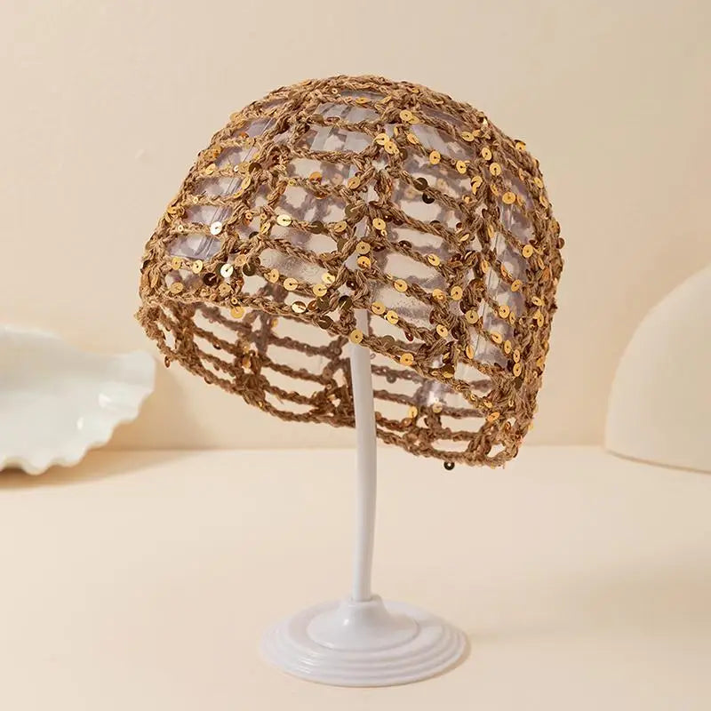 Y2K Sparkly Sequin Knit Beanie Hat – Sheer Hollow Party Cap
