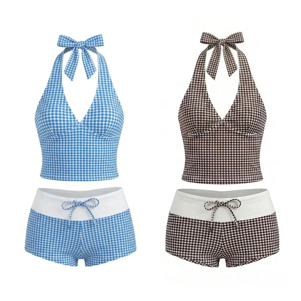 Y2K Halter Neck Plaid Bikini Set – 2-Piece Slim Swimsuit